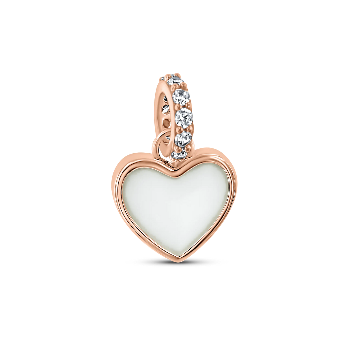 Roségouden bedel in de vorm van een hart, met een witte moedermelkhars en een rand van zirkonia-steentjes.