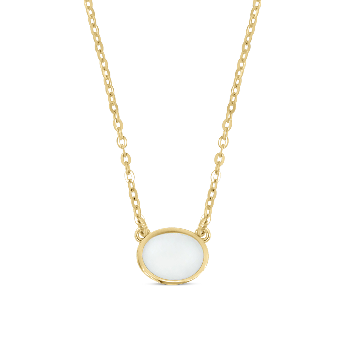 Massief geelgouden hanger met een ronde, witte moedermelkhars steen en een gedetailleerde schakelketting.