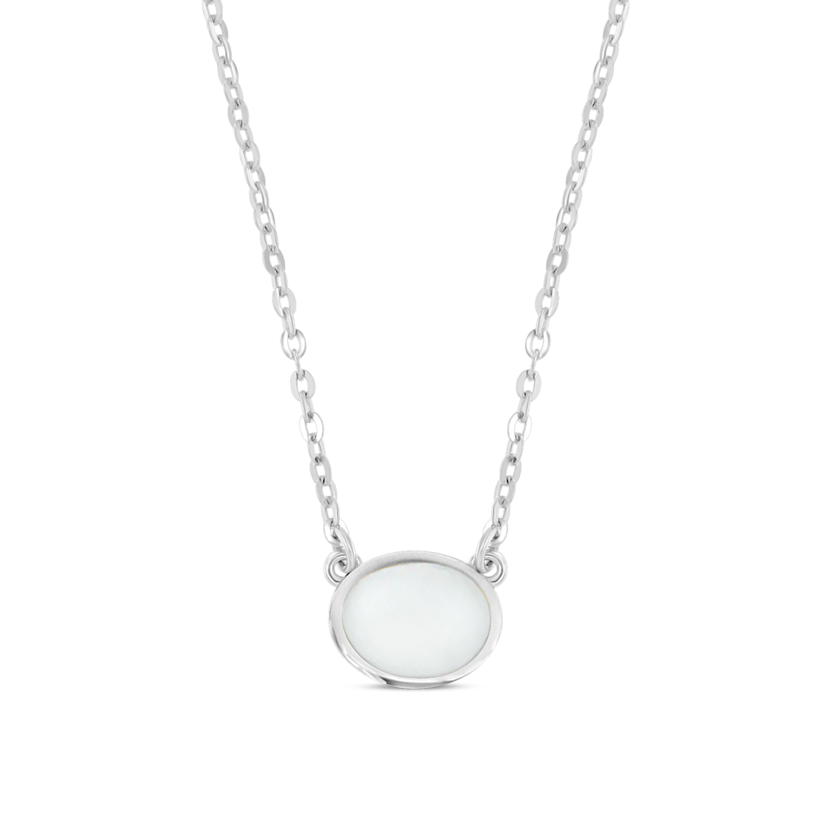Hanger van massief witgoud met een ovale moedermelkhars steen, subtiele details en een delicate ketting.