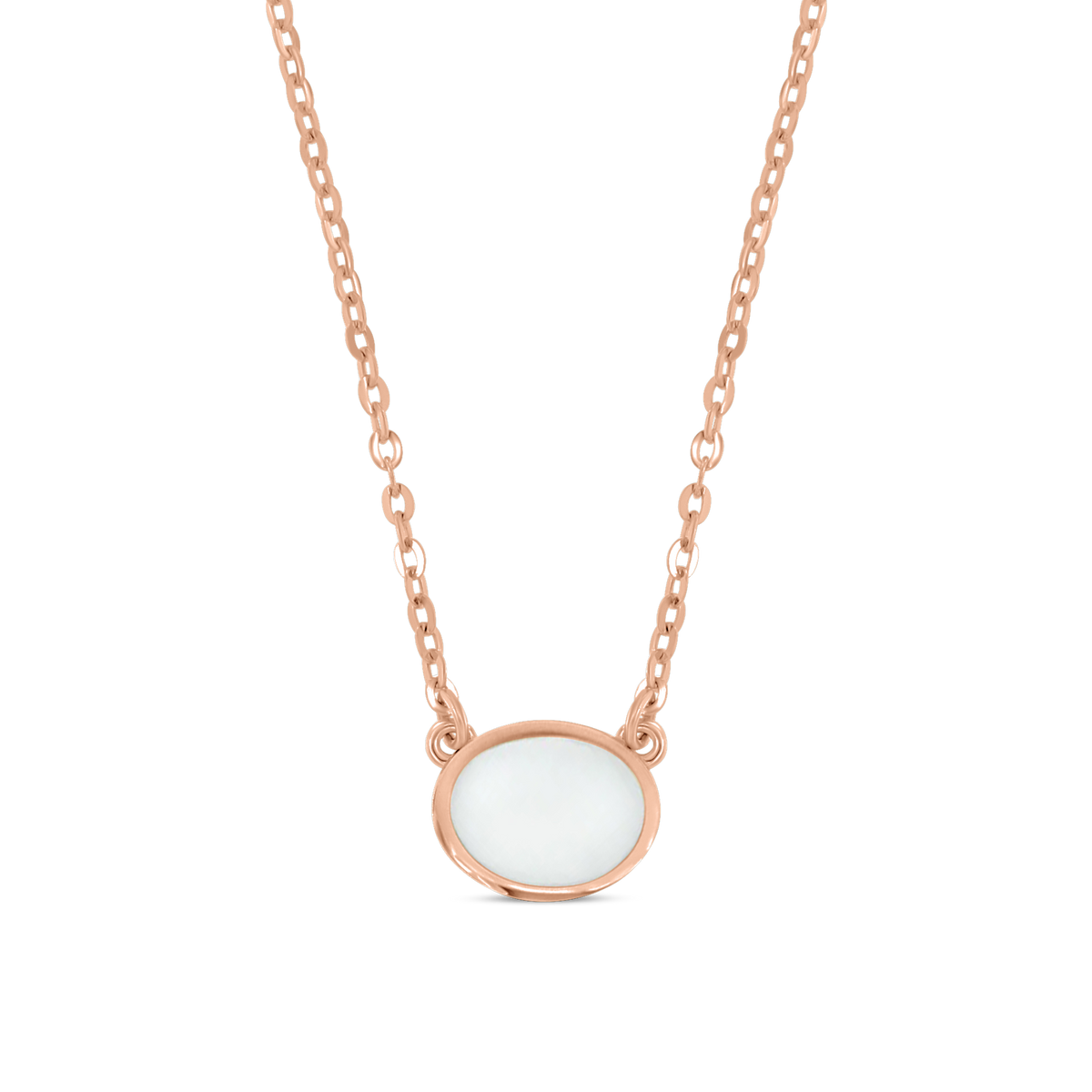Roségouden hanger met een ronde schijf van moedermelkhars, hangend aan een fijne ketting.
