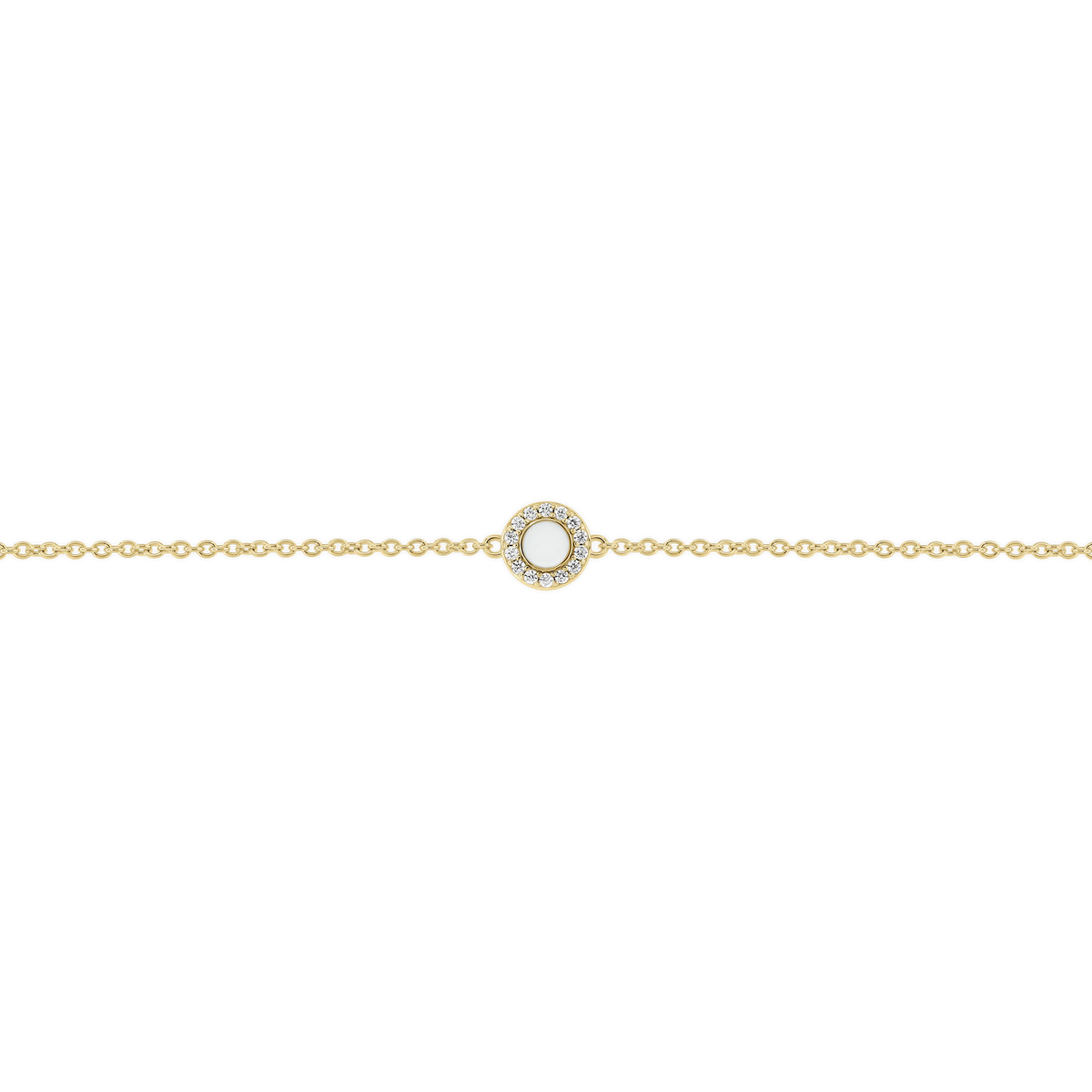 Massief geelgouden armband met een ronde schijf van moedermelkhars en een sprankelende zirkonia in het midden.