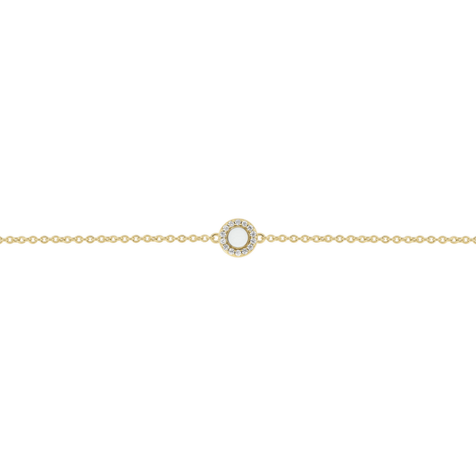 Massief geelgouden armband met een ronde schijf van moedermelkhars en een sprankelende zirkonia in het midden.