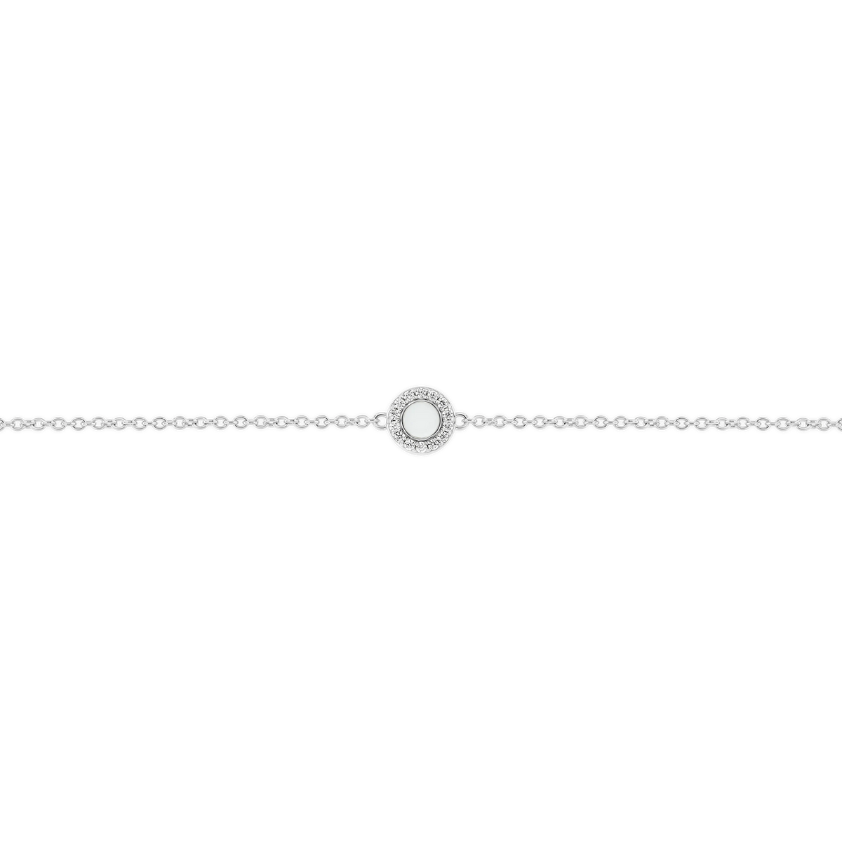Armband van massief witgoud met een ronde schijf waarin moedermelk is verwerkt, met een delicate schakelketting.