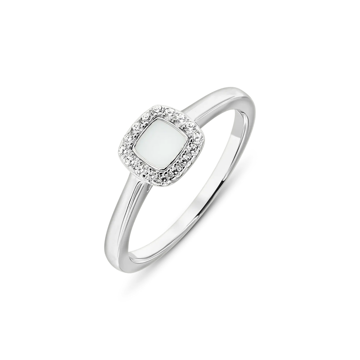 Moedermelkring van 925 zilver met een vierkante, witte moedermelkhars steen omringd door zirkonia.