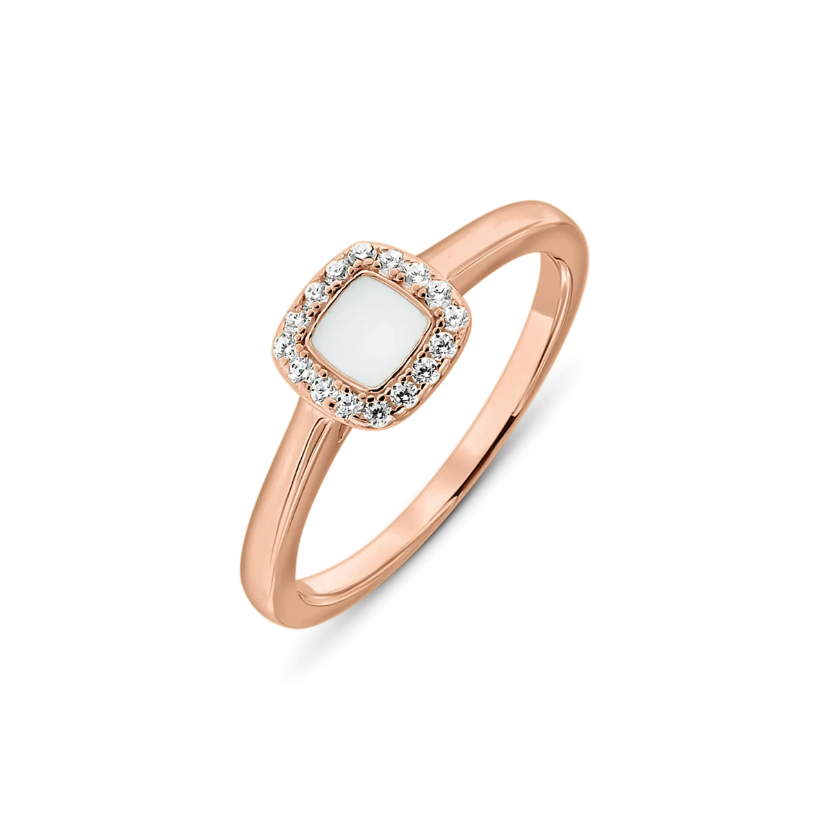 Roségouden ring met een vierkante moedermelkhars steen, omringd door kleine zirkonia steentjes.