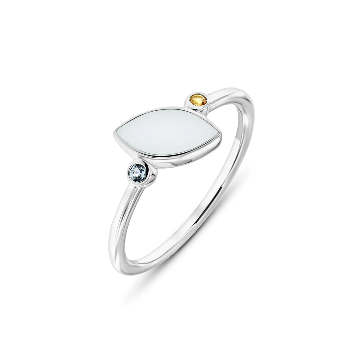 Moedermelkring van 925 zilver met een ovale, witte harssteen en twee kleurrijke zirkonia's in blauw en geel.