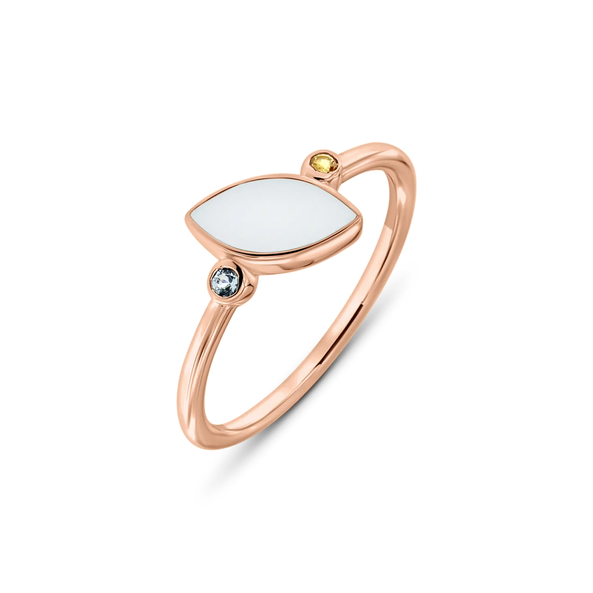 Roségouden ring met een oogvormige moedermelkhars inlay, versierd met een gele en een blauwe zirkonia.