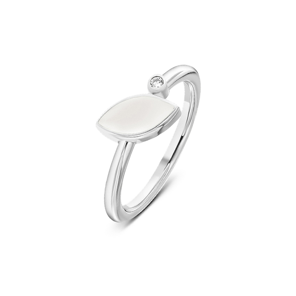 Elegante ring van 925 zilver met een gladde, ovale moedermelkplaat en een kleine zirkonia bovenop.