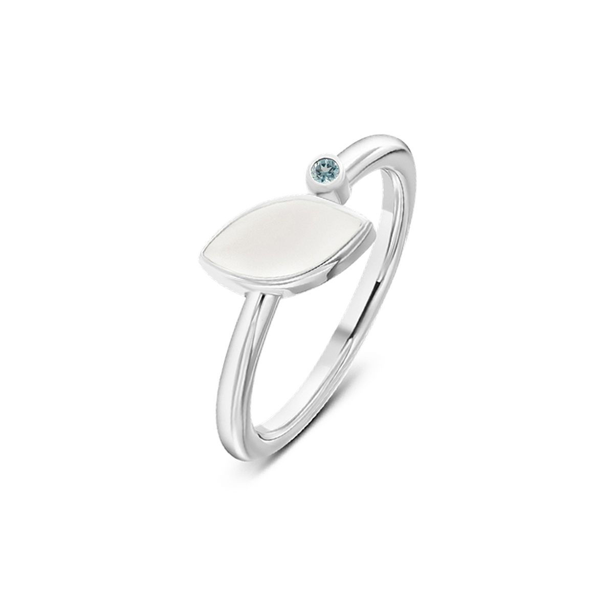 Ring van 925 zilver met een bladvormige schijf en een lichtblauwe zirkonia bovenop.