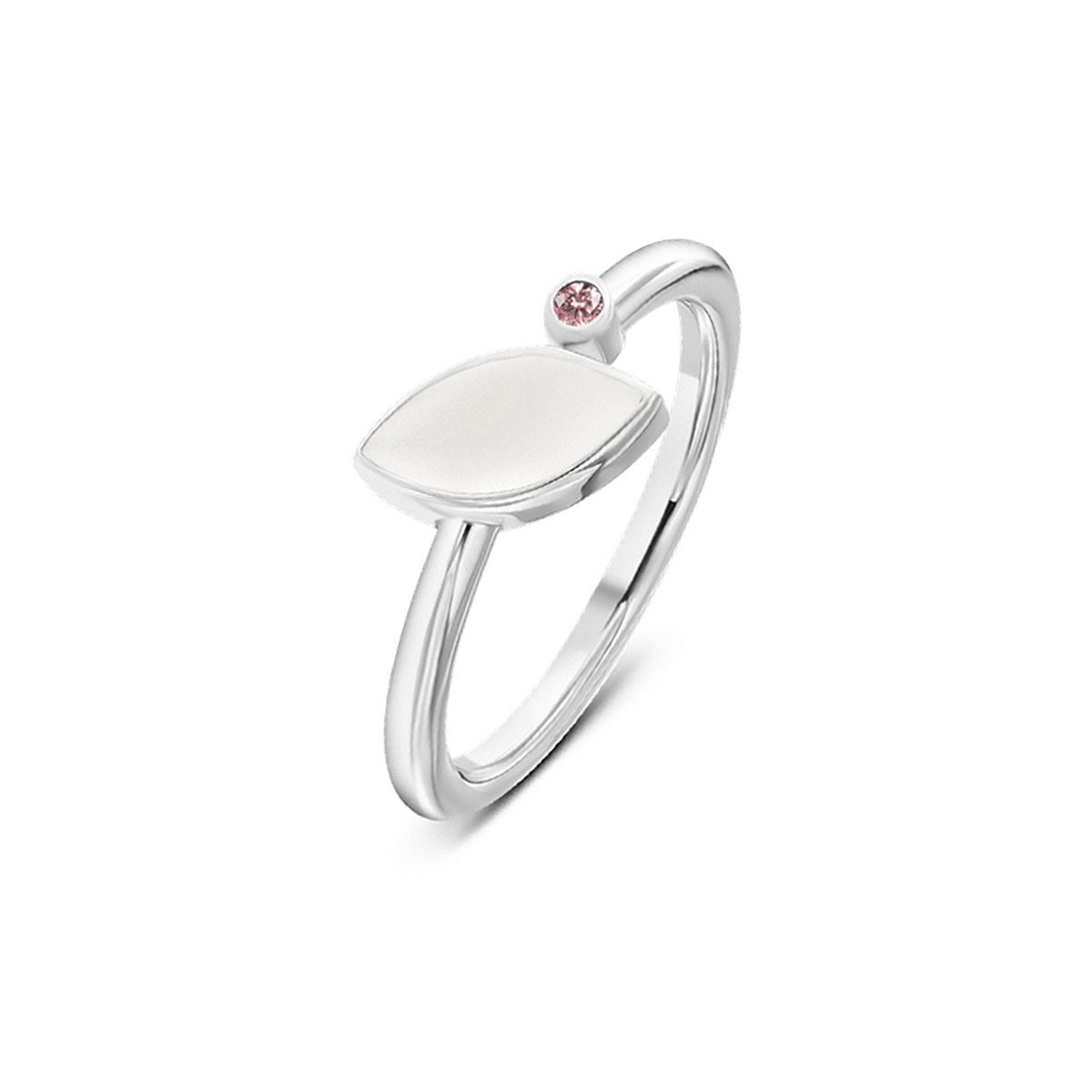 Ring van 925 zilver met een gladde, ovale schijf en een kleine roze zirkonia bovenop.