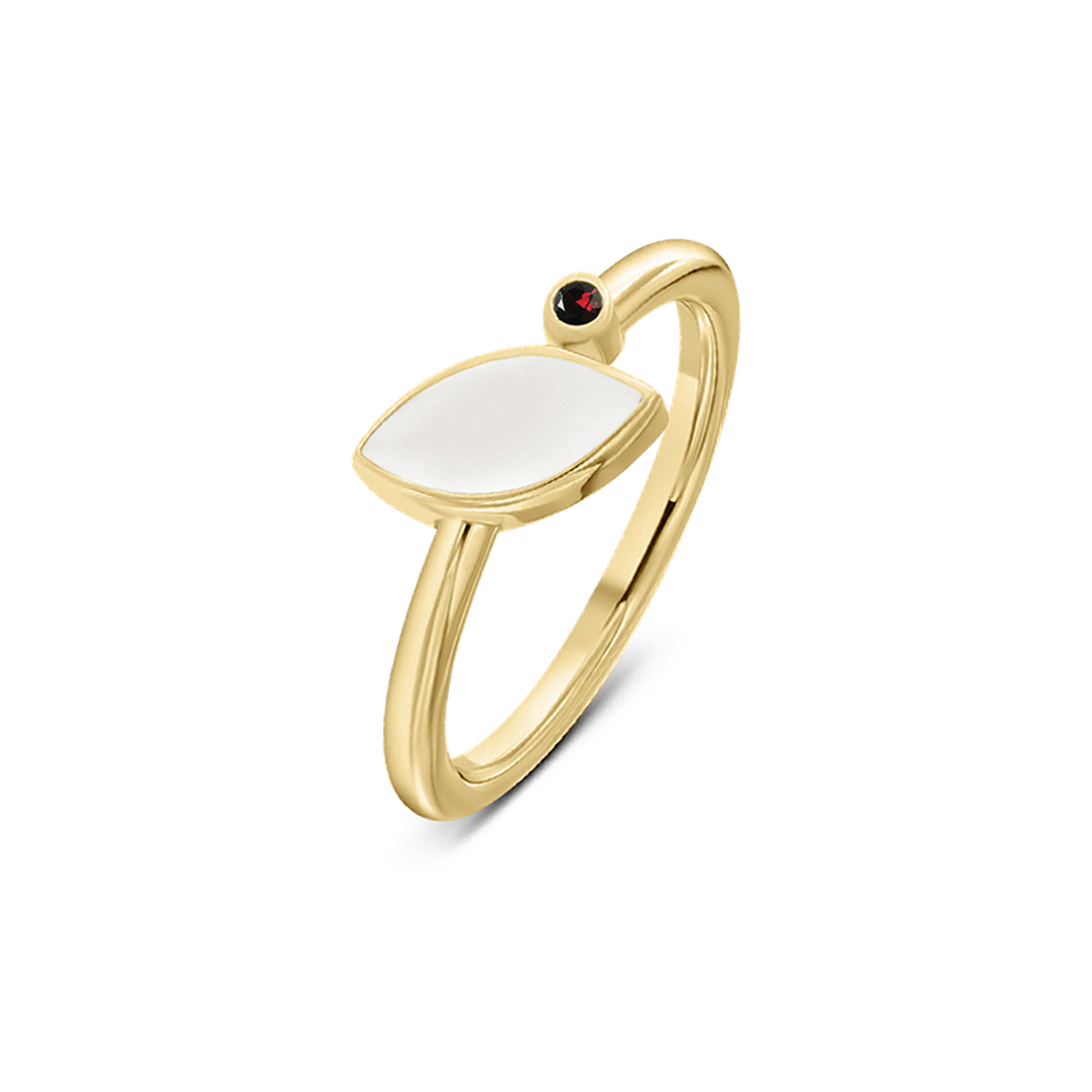 Massief geelgouden ring met een gladde, ovale moedermelkhars en een kleine, ronde geboortesteen in het ontwerp.