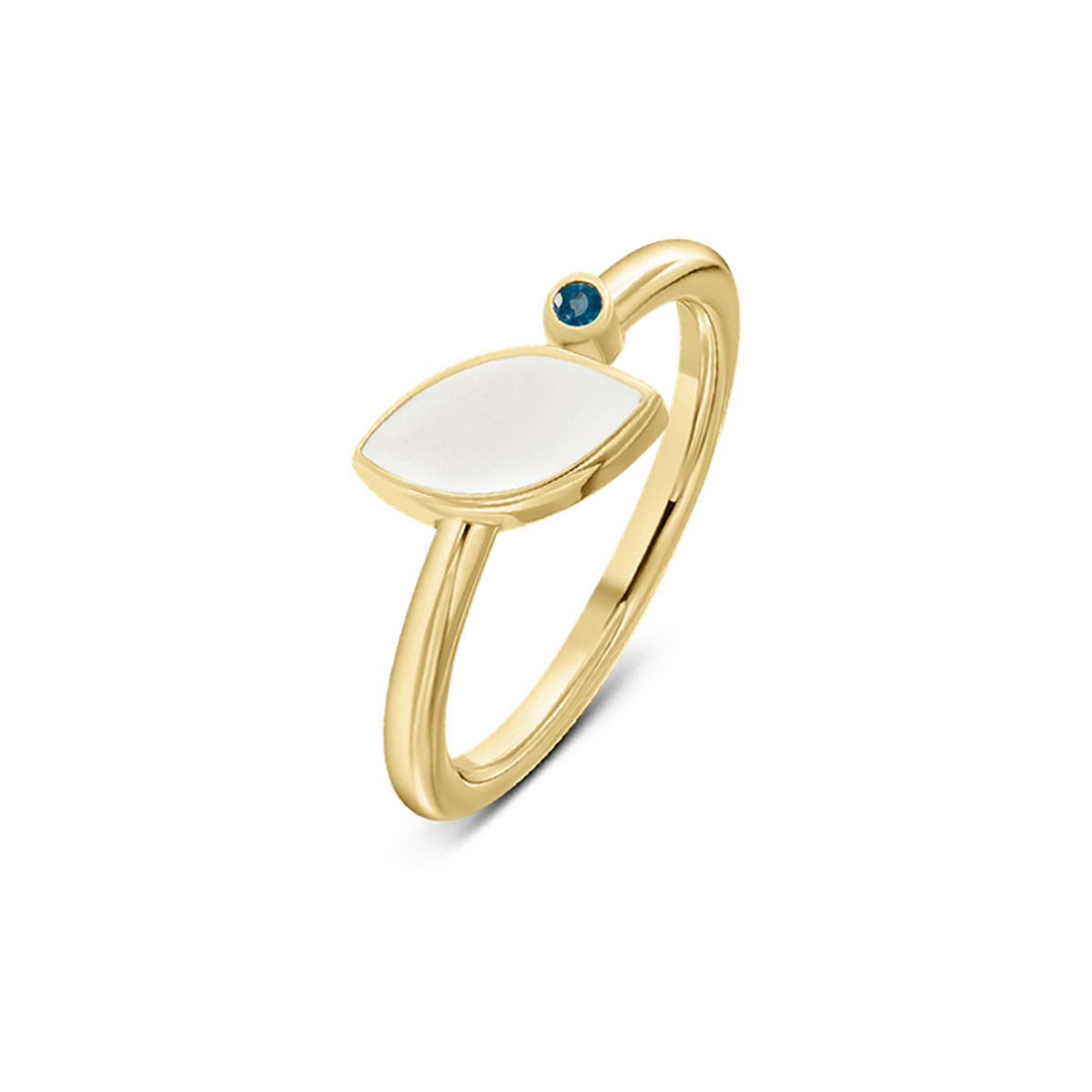 Ring van massief geelgoud met een gladde, ovale moedermelkhars en een kleine geboortesteen in een heldere kleur.