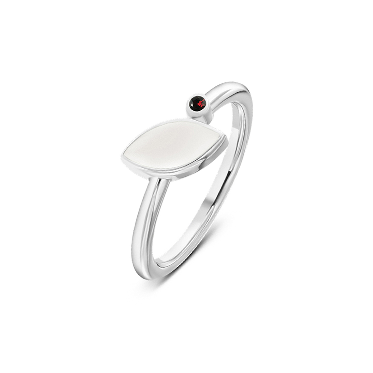 Massief witgouden ring met een gladde, ovale bovenkant en een kleine, ronde geboortesteen in het midden.
