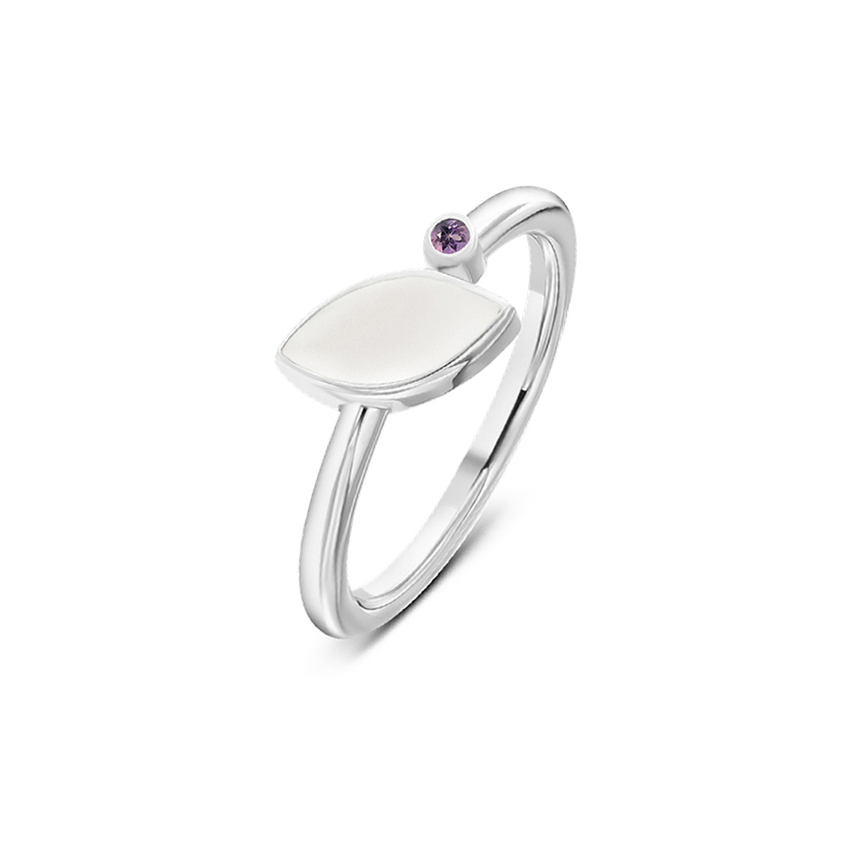 Massief witgouden ring met een gladde, ovale schijf en een kleine paarse zirkonia bovenop.