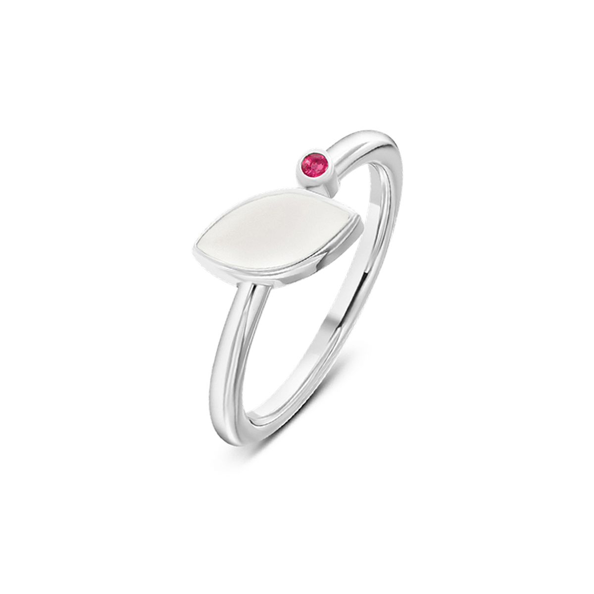 Massief witgouden ring met een gladde, ovale bovenkant en een roze zirkonia aan de zijkant.