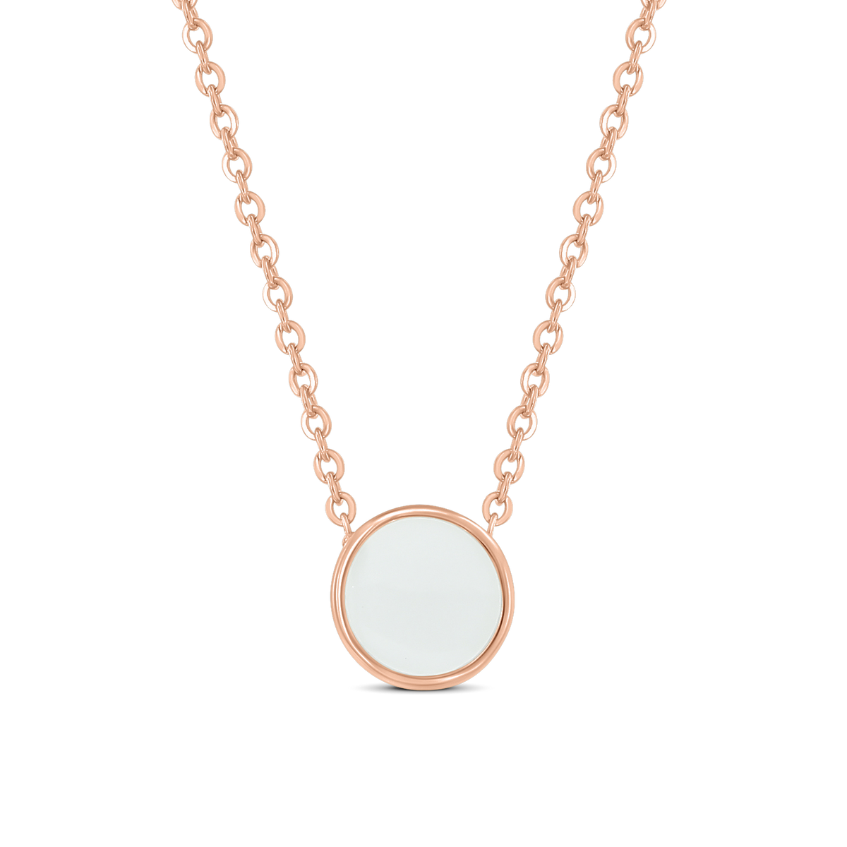 Roségouden hanger met een ronde, witte moedermelkhars en een delicate schakelketting.