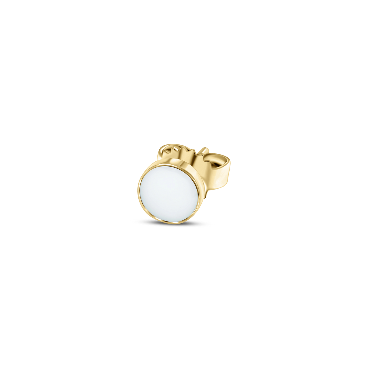 Massief geelgouden oorstekers met een ronde, witte moedermelkhars steen.