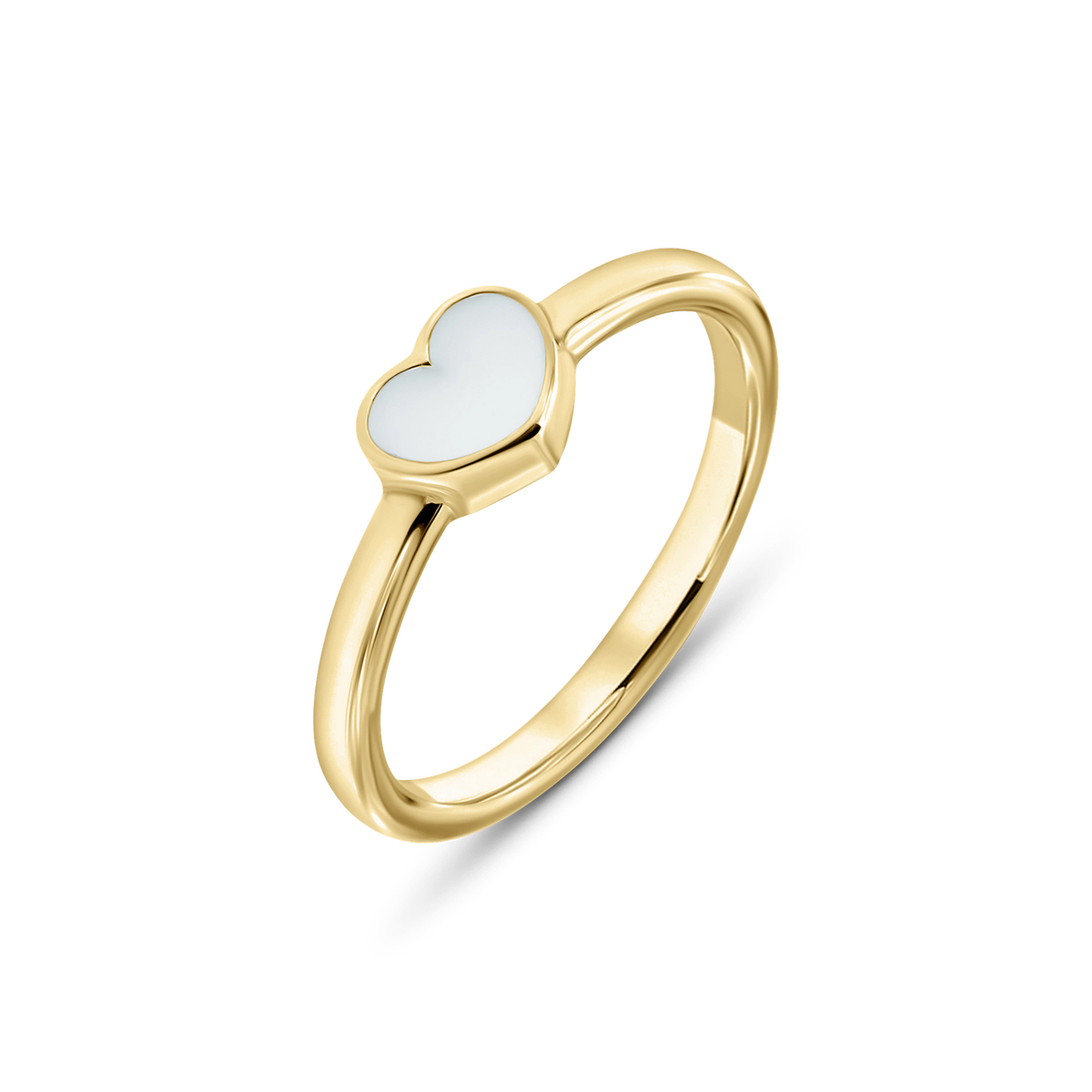 Massief geelgouden ring met een hartvormige moedermelkhars inlay, eenvoudig en elegant ontwerp.
