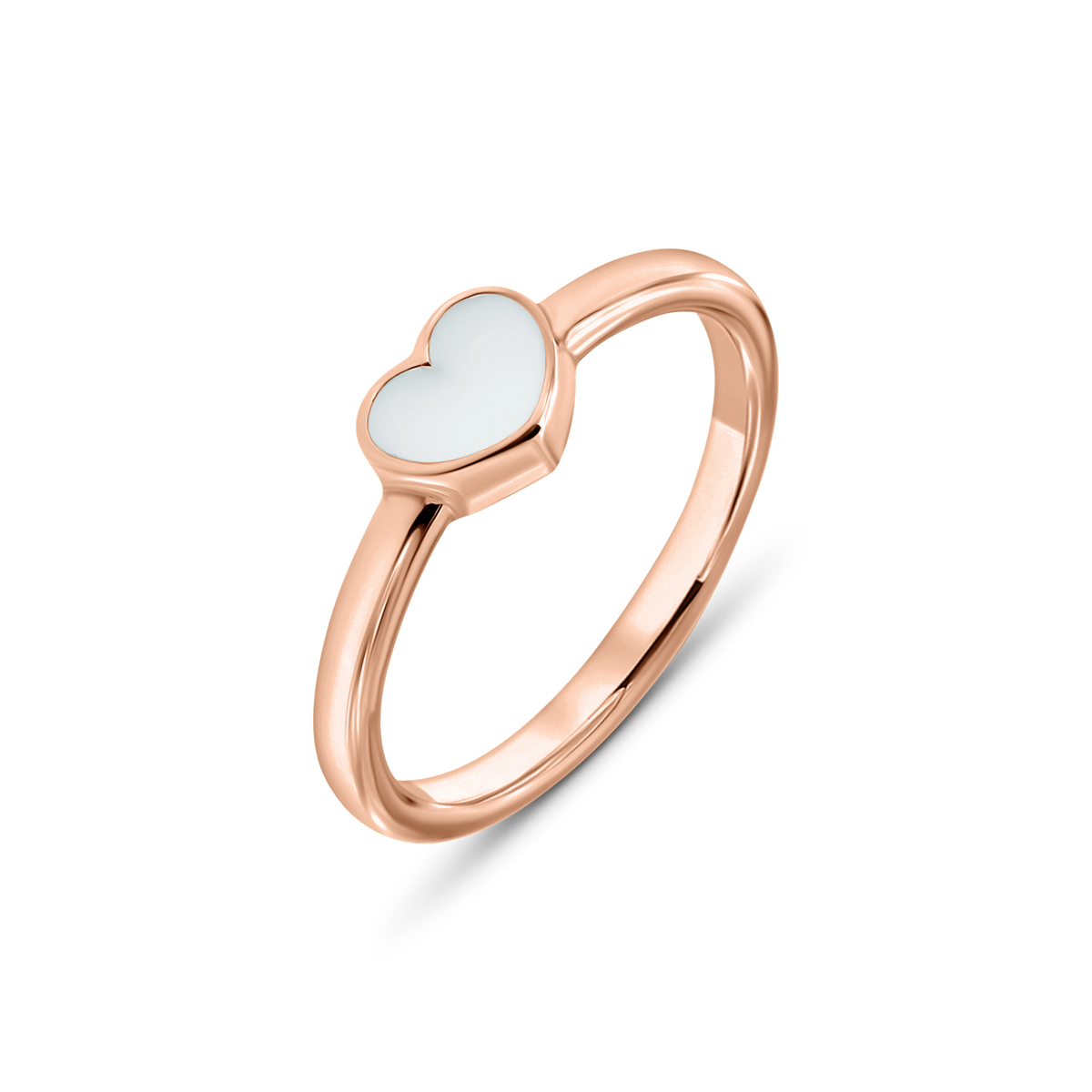 Roségouden ring in de vorm van een hart met een vlak van moedermelkhars aan de bovenkant.