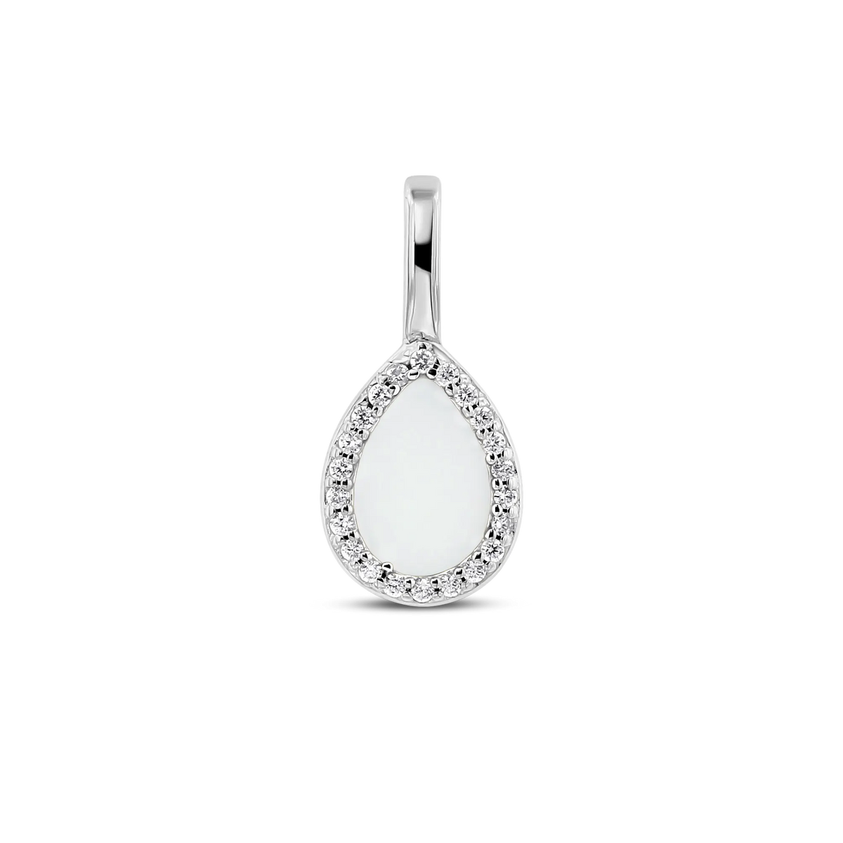Hanger van 925 zilver in druppelvorm met een witte moedermelkhars en een omlijsting van kleine zirkonia-steentjes.