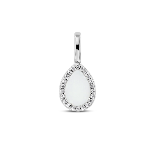 Hanger van 925 zilver in druppelvorm met een witte moedermelkhars en een omlijsting van kleine zirkonia-steentjes.