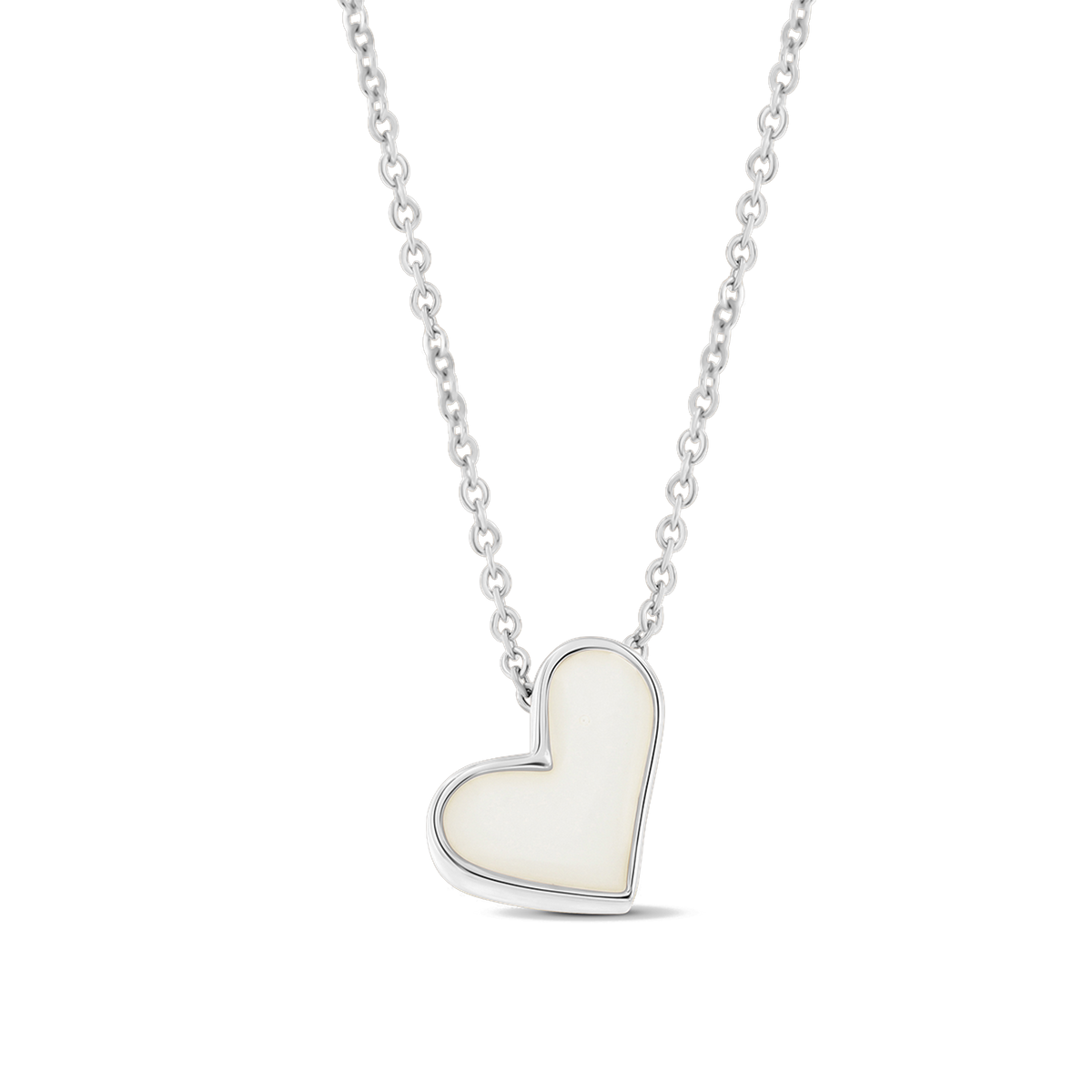 Hanger in massief witgoud in de vorm van een hart, met een vlak van moedermelkhars en een fijne schakelketting.