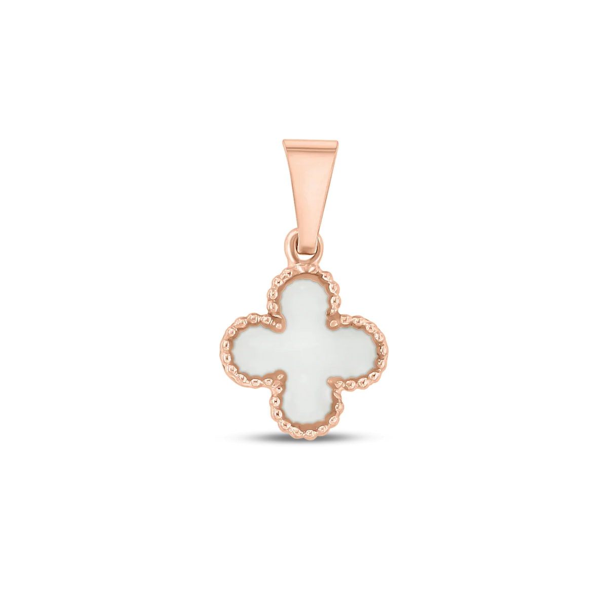Roségouden hanger in de vorm van een klavertje vier, met een witte moedermelkhars en een fijne rand van kleine bolletjes.