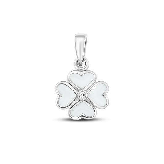 Hanger in 925 zilver in de vorm van een klavertje vier, met een witte moedermelkhars en een zirkonia in het midden.