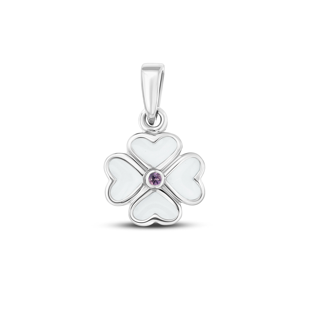 Hanger in de vorm van een bloem met vier hartvormige bladeren, van 925 zilver, met een witte moedermelkhars en een paarse zirkonia in het midden.