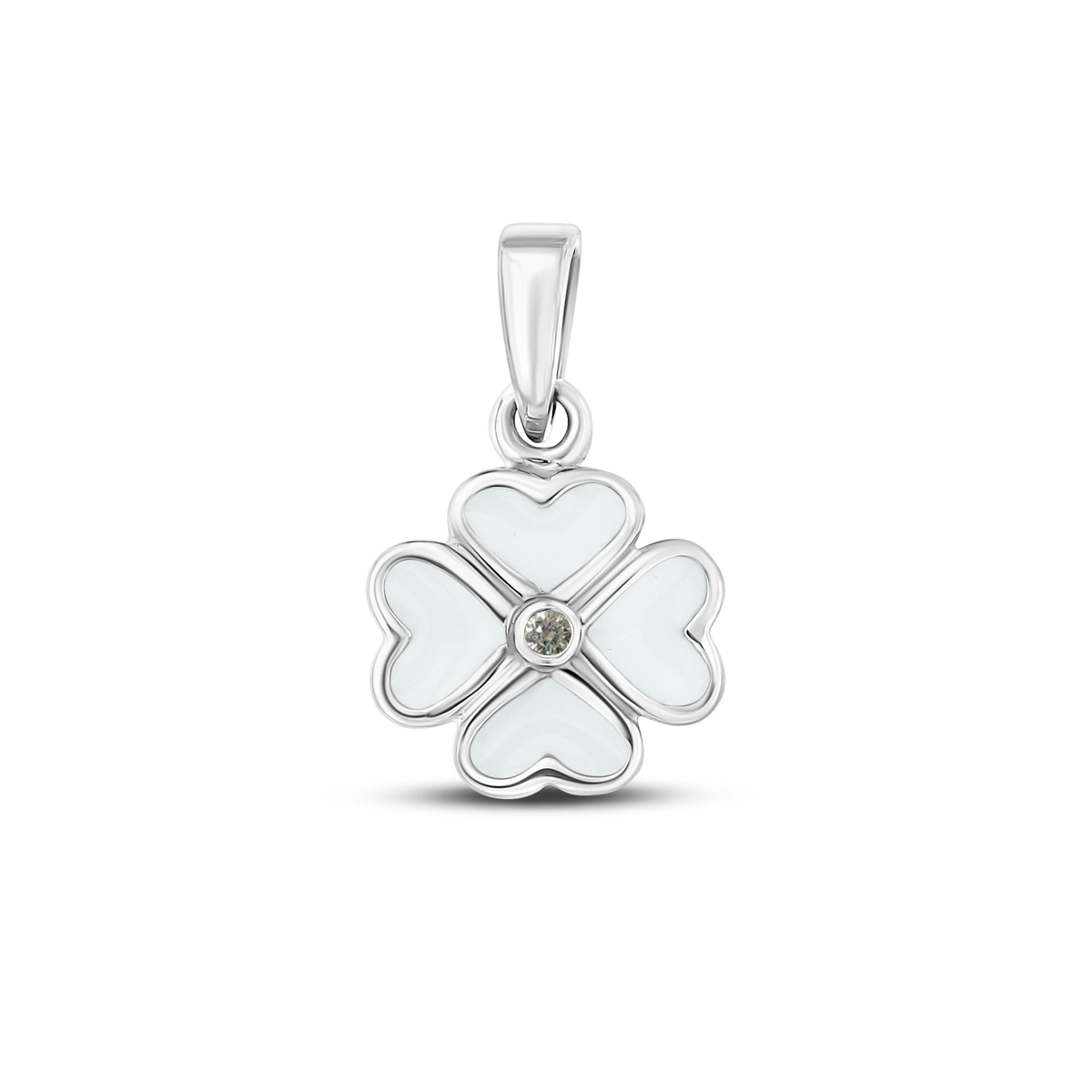 Hanger in de vorm van een klavertje vier van 925 zilver met een witte moedermelkhars en een kleine zirkonia in het midden.