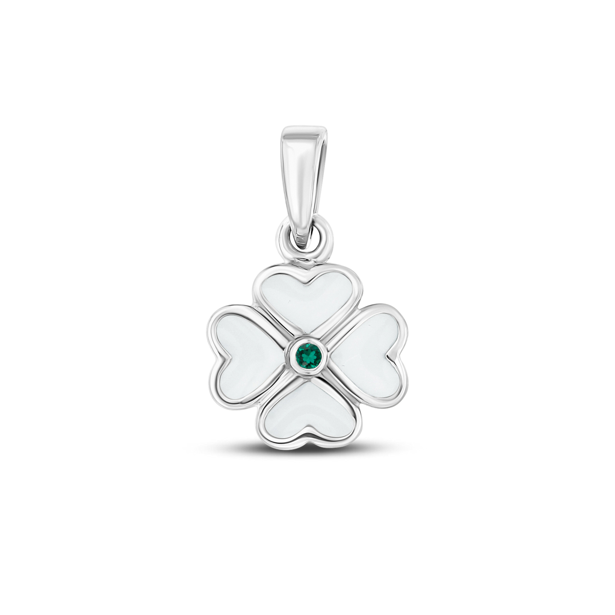 Hanger in de vorm van een klavertje vier, gemaakt van 925 zilver met een witte moedermelkhars en een groene geboortesteen in het midden.