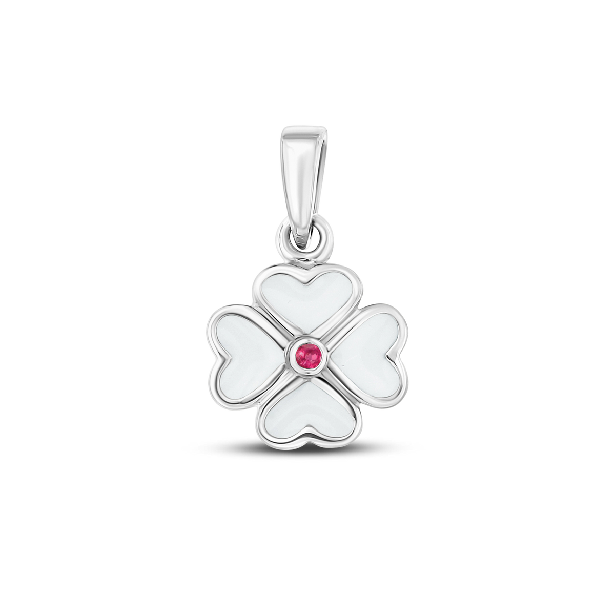 Hanger in 925 zilver in de vorm van een bloem met een witte moedermelkhars en een roze geboortesteen in het midden.