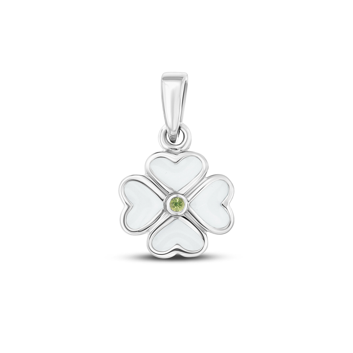 Hanger in de vorm van een bloem met een witte moedermelkhars en een groene geboortesteen, uitgevoerd in 925 zilver.