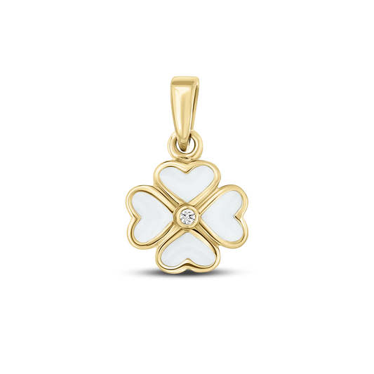 Hanger in geelgoud in de vorm van een bloem met vier hartvormige blaadjes, voorzien van een heldere zirkonia in het midden en een vlak van moedermelkhars.