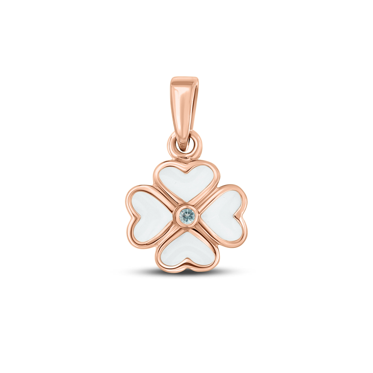 Roségouden hanger in de vorm van een bloem met vier hartvormige blaadjes, gevuld met moedermelkhars en een kleine zirkonia in het midden.