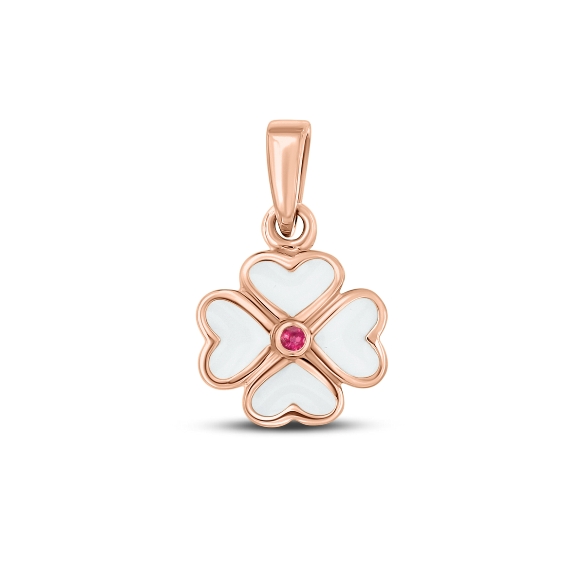 Roségouden hanger in de vorm van een bloem met vier hartvormige blaadjes, gevuld met moedermelkhars en een roze geboortesteen in het midden.