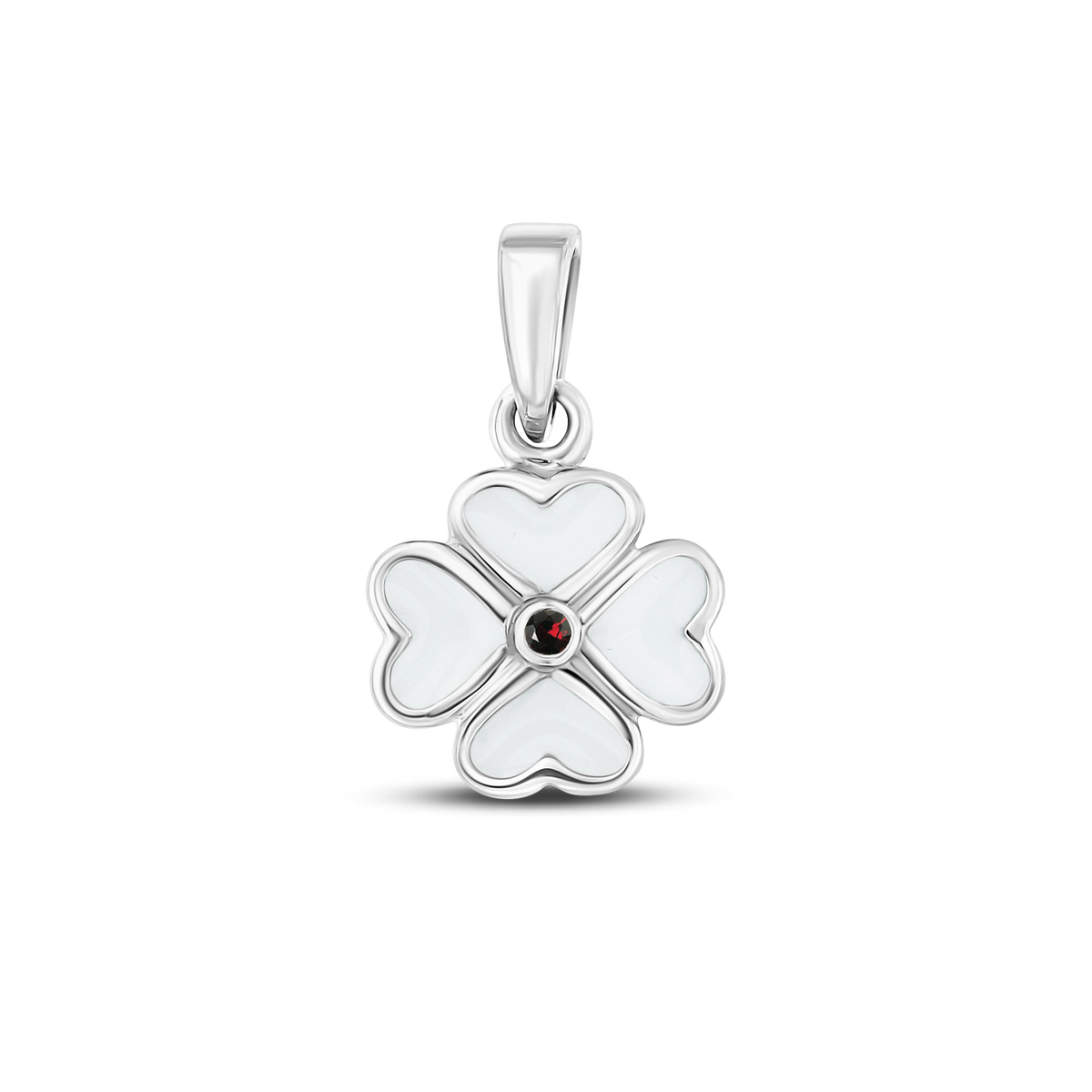 Hanger in witgoud met een bloemvorm, voorzien van een vlak moedermelkhars en een zwarte zirkonia in het midden.