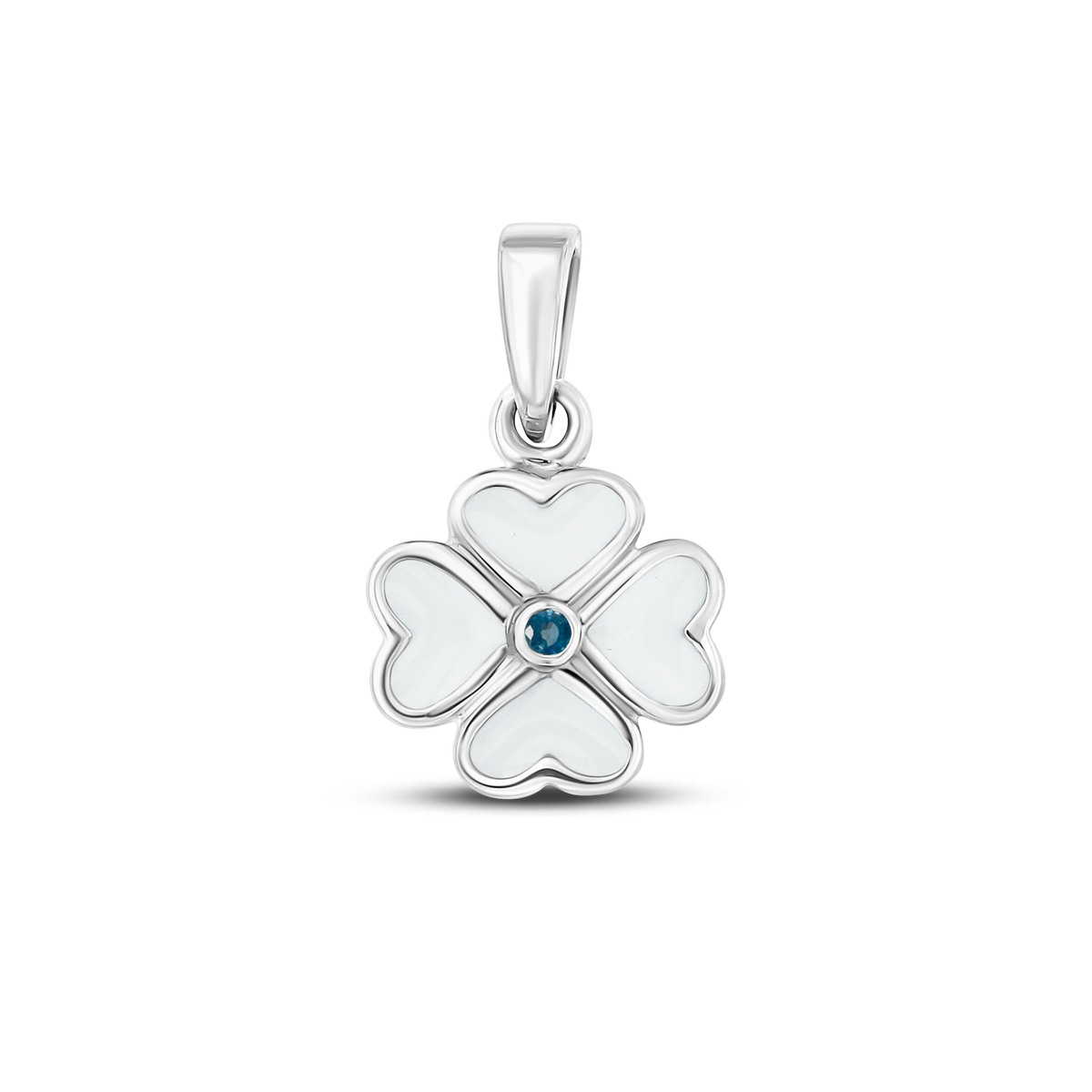 Hanger in de vorm van een bloem met vier hartvormige bladeren, uitgevoerd in witgoud en voorzien van een moedermelkvulling en een geboortesteen in het midden.