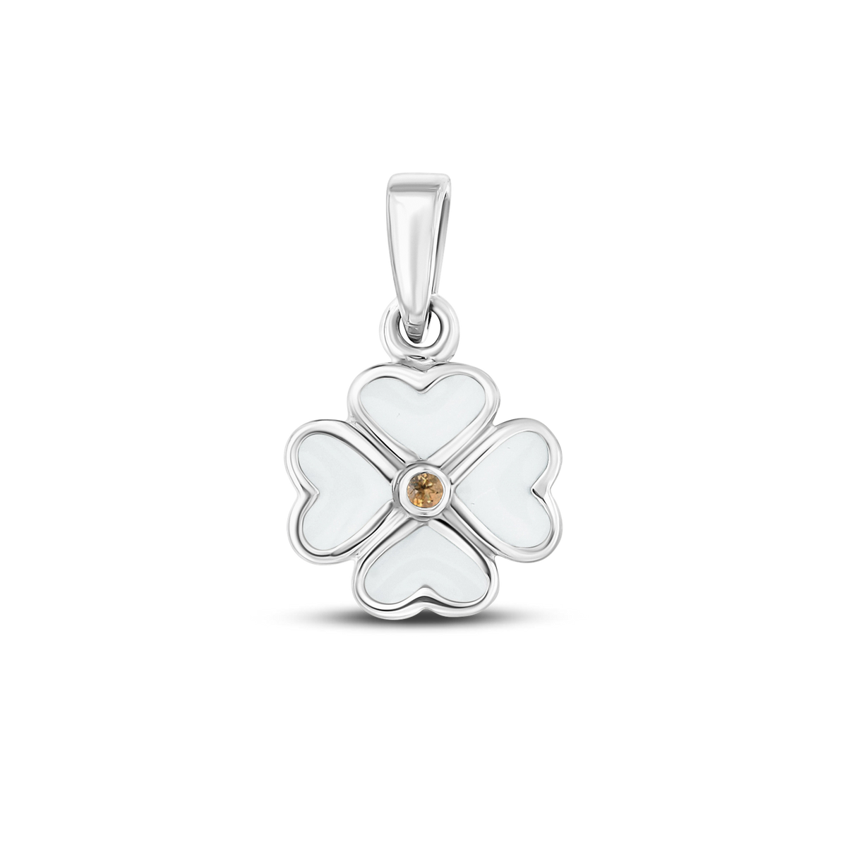 Hanger in witgoud met een bloemvorm, voorzien van een vlak van moedermelkhars en een geboortesteen in het midden.