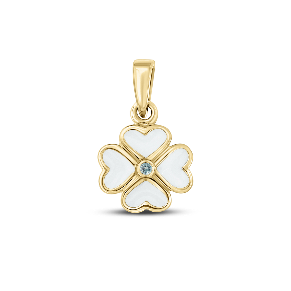 Hanger in geelgoud met een bloemvorm, voorzien van vier hartvormige delen van moedermelkhars en een kleine zirkonia in het midden.