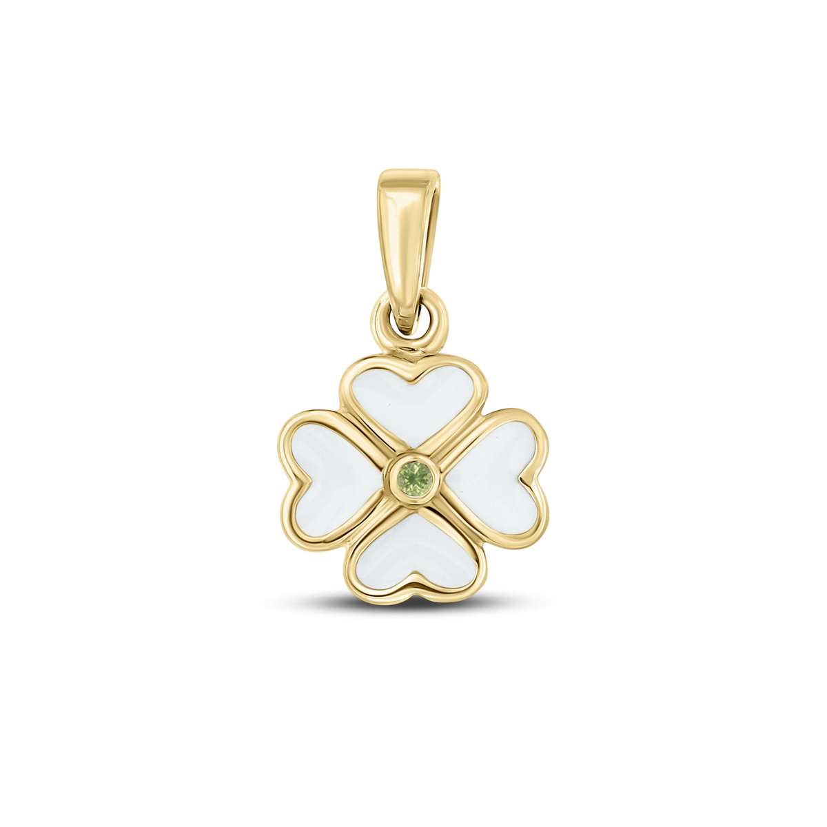 Hanger in geelgoud met een bloemvorm, voorzien van vier hartvormige bladeren van moedermelkhars en een groene geboortesteen in het midden.