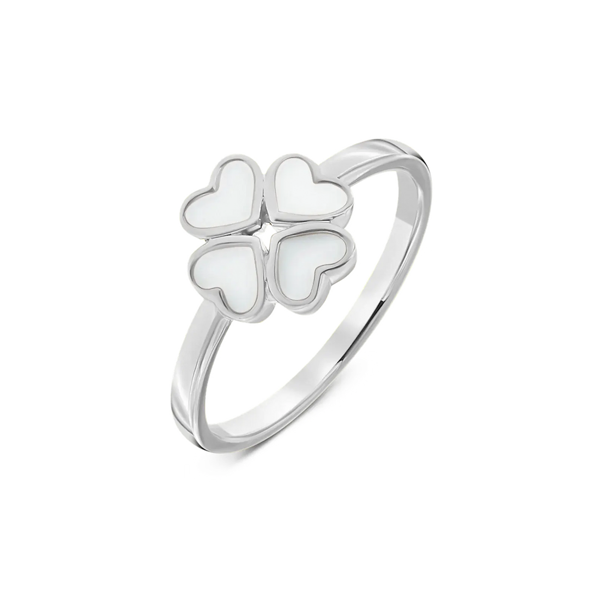 Massief witgouden ring met vier hartvormige elementen, gevuld met moedermelkhars.