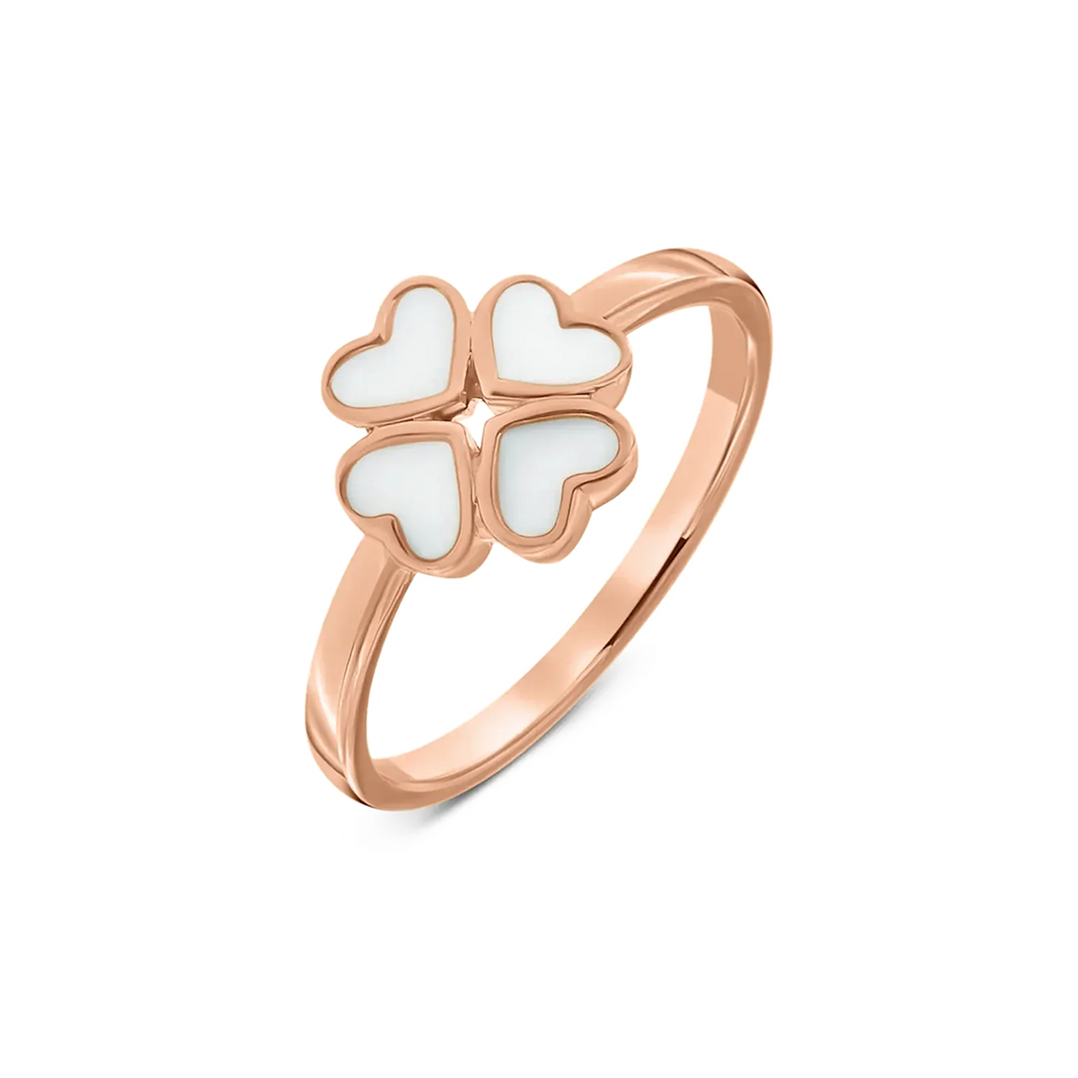 Roségouden ring met vier hartvormige elementen van moedermelkhars, elegant en speels ontwerp.