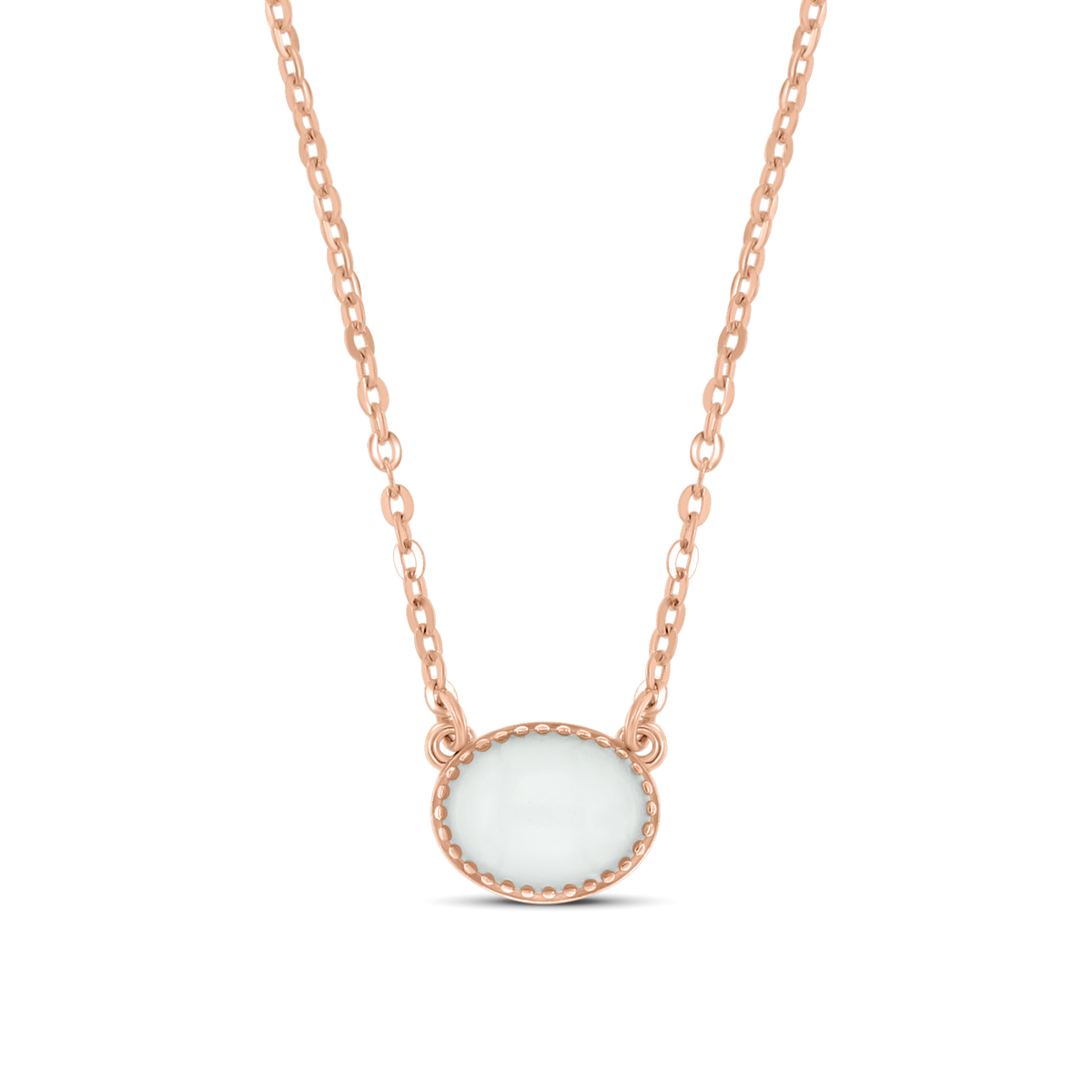 Roségouden hanger met een ronde, witte moedermelkhars steen, omringd door een subtiele, gedetailleerde rand.