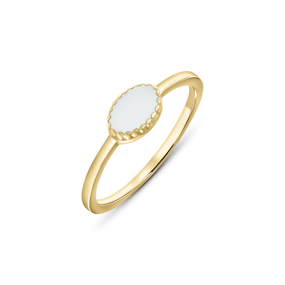 Moedermelk-ring van massief geelgoud met een ovale, gladde harssteen en een elegante, golvende rand.