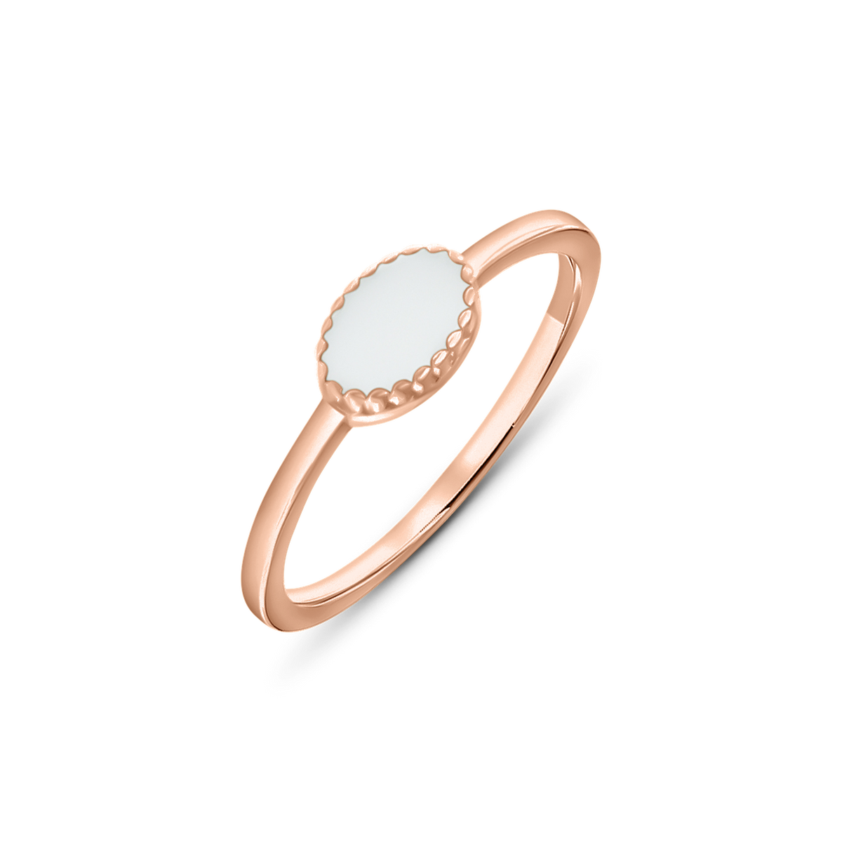 Roségouden ring met een ovale, gladde moedermelkhars steen, afgewerkt met een fijne parelrand.