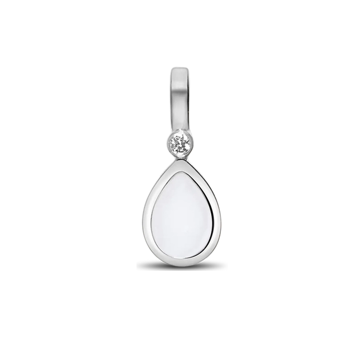 Hanger in 925 zilver met een druppelvormige moedermelkhars en een zirkonia bovenaan.