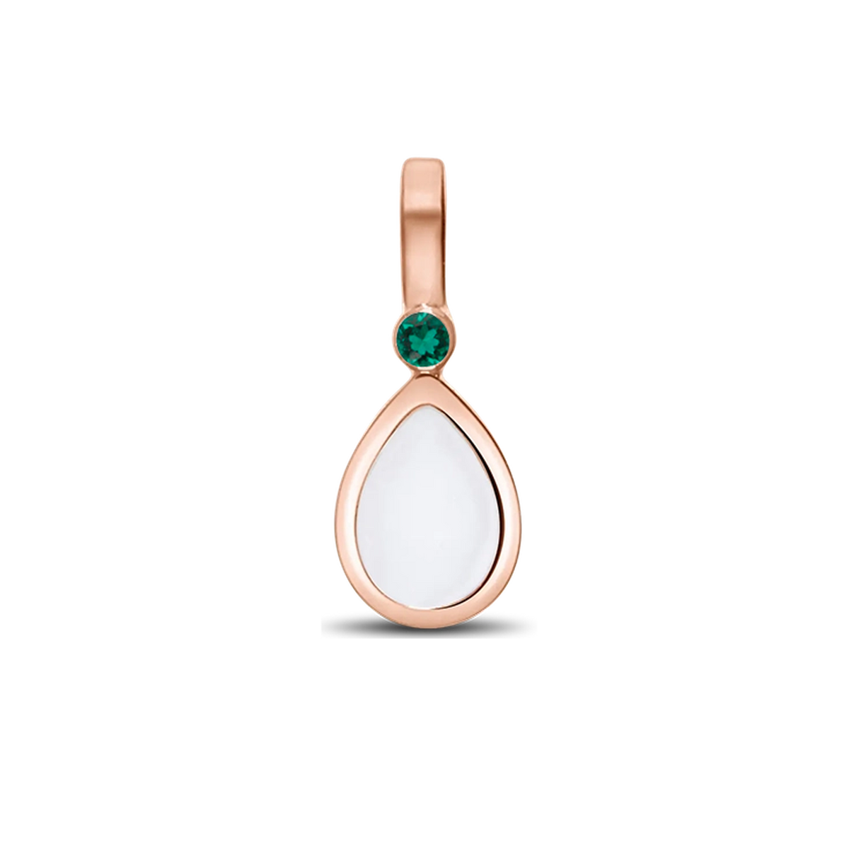 Roségouden hanger in druppelvorm met een transparant moedermelkhars en een groene geboortesteen bovenaan.