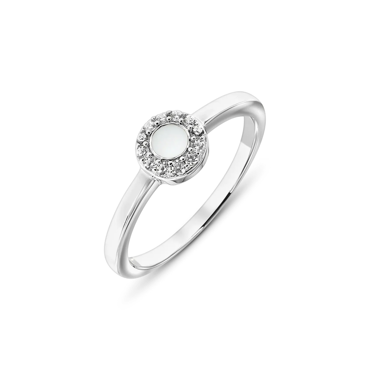Ronde moedermelkring van 925 zilver met een witte harssteen in het midden, omringd door een cirkel van zirkonia.
