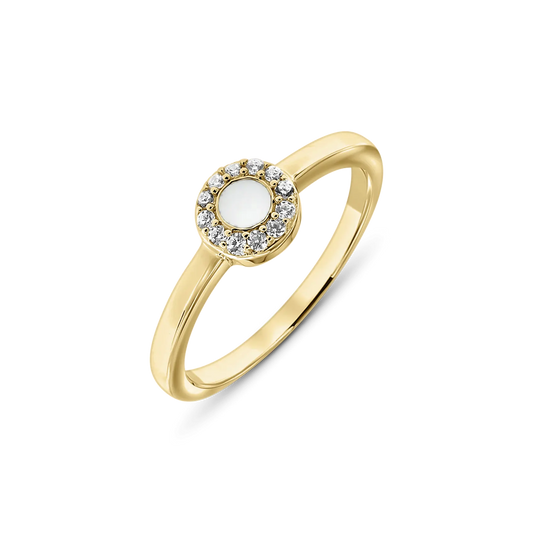Ronde moedermelk-ring van massief geelgoud, met een centrale steen van moedermelk omringd door zirkonia.